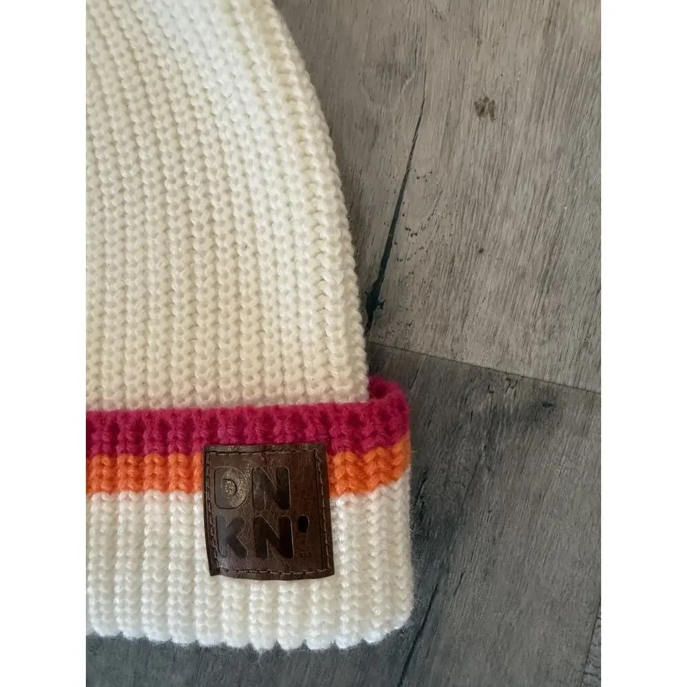Dunkin Hat Beanie Cuff Knit White Pink Orange Stripe DNKN Winter Warm Unisex - Picture 3 of 4